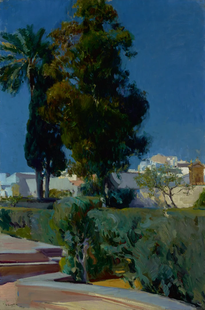 Pintura que representa un rincón de los jardines del Alcázar de Sevilla, capturado por el pintor español Joaquín Sorolla